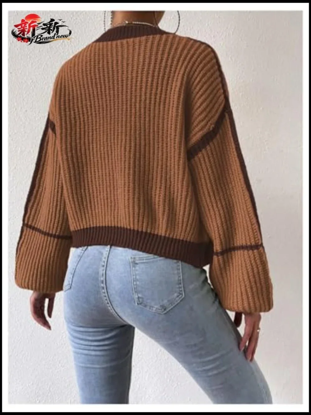 Color Block Crop Cardigan Bishop Long Sleeve Open Front Sweater - Picture 2 of 7